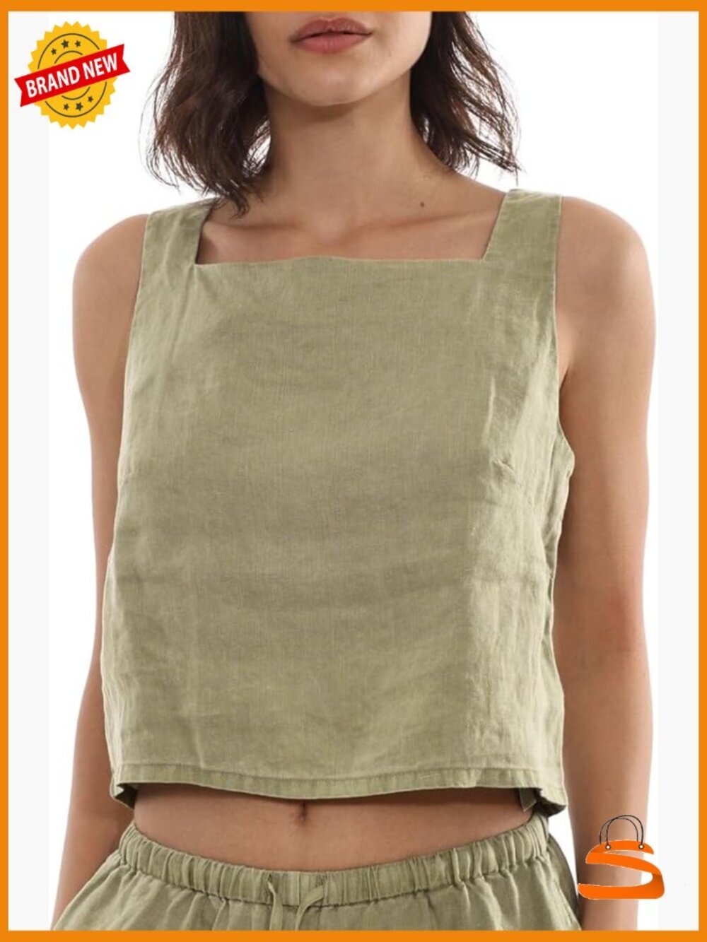100% Linen Sleeveless Tank Top Square Neck Back Button